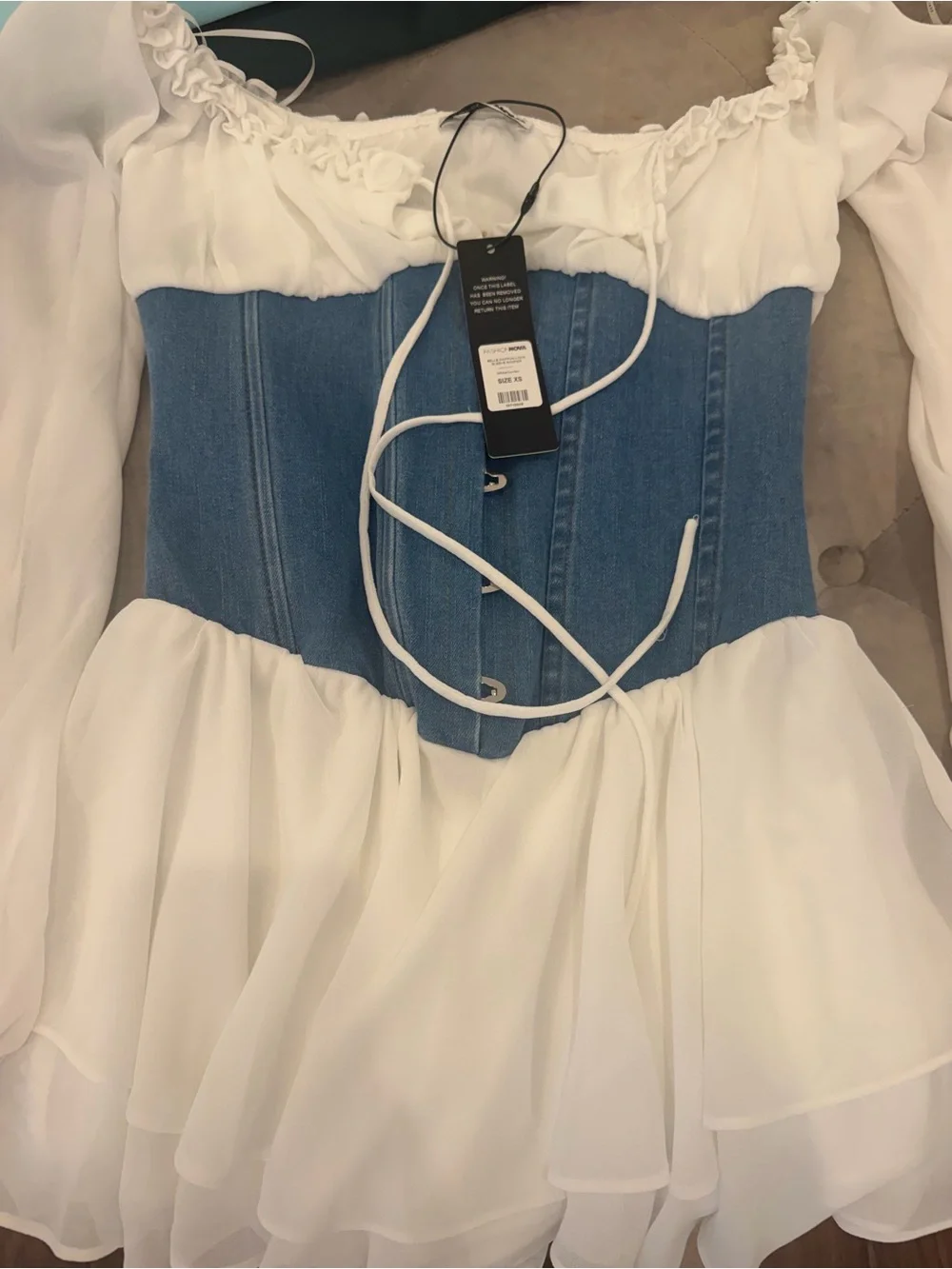 NWT Fashion Nova White Off-Shoulder Romper with Blue Denim Corset